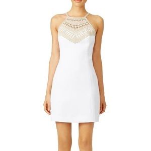 Lilly Pulitzer, white halter dress with gold lace embroidery